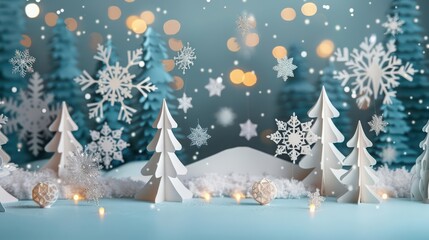 A magical Christmas scene made of intricate paper art features enchanted snowflakes and glowing ornaments
