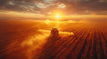 Aerial view of tractor plowing agricultural field and crops in natural sunlight and golden sunset landscape. industry production concept