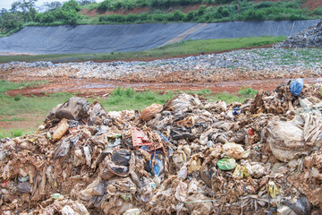 Garbage being prepared for compacting trash in sanitary landfill of the city of Goiania. GO, Brazil, 2020
