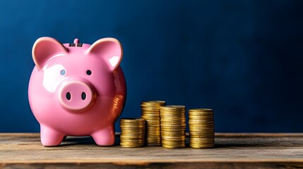 Pink pig piggy bank next to a stack of gold coin