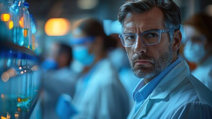 Fototapeta premium Scientist in a laboratory focused on research during a late-night experiment