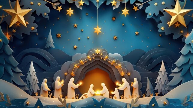 A paper art nativity scene features radiant figures and magical stars