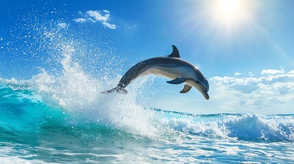 A playful dolphin leaps out of the vibrant blue ocean under a sunny sky, creating splashes of water as it dances in the waves.