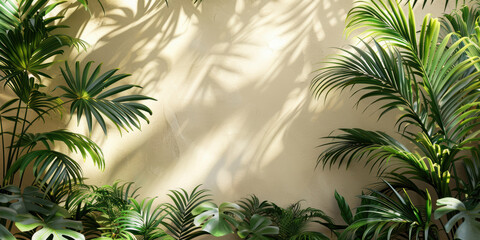 Beautiful sun ray of sunlight shining through the tropical trees rich jungle greenery and warm color wall in garden of house background. copy space