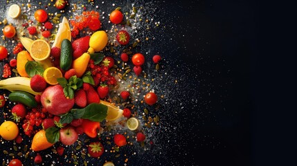 A powerful explosion of nutrientdense foods celebrates the vitality and energy that comes from healthy eating habits, with copy space