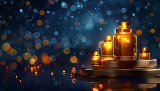 A podium in an enchanted realm displays cosmetics that enhance natural beauty with a touch of magic