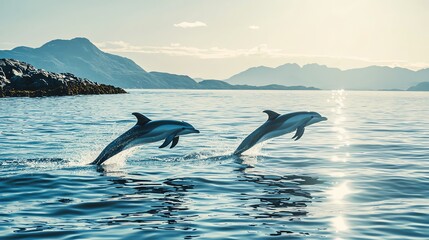 Two dolphins leap gracefully above the shimmering water surface, showcasing their playful nature against a stunning coastal backdrop.