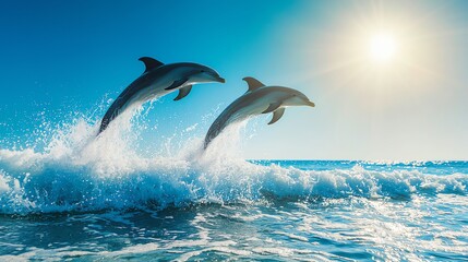 Fototapeta premium Two dolphins leap gracefully from the ocean waves under a brilliant sun, creating a stunning display of marine life and beauty.