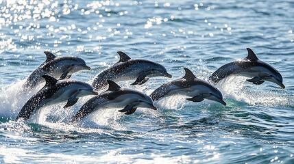 A captivating scene of dolphins jumping joyfully out of the water, showcasing their playful nature in a stunning ocean setting.