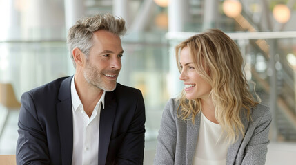 Smiling Caucasian elderly senior businessman meeting with young manager businesswoman together in modern office
