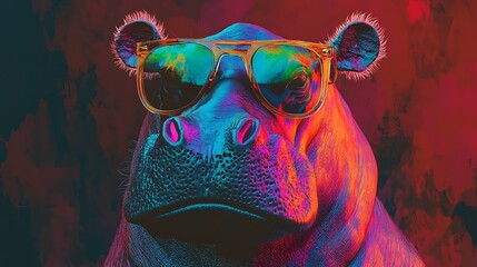 A close-up portrait of a hippopotamus wearing sunglasses, rendered in vibrant blue, pink, and gold hues against a crimson background.
