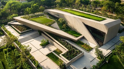 Top view of a sleek Indian library with angular architectural features and green terraces
