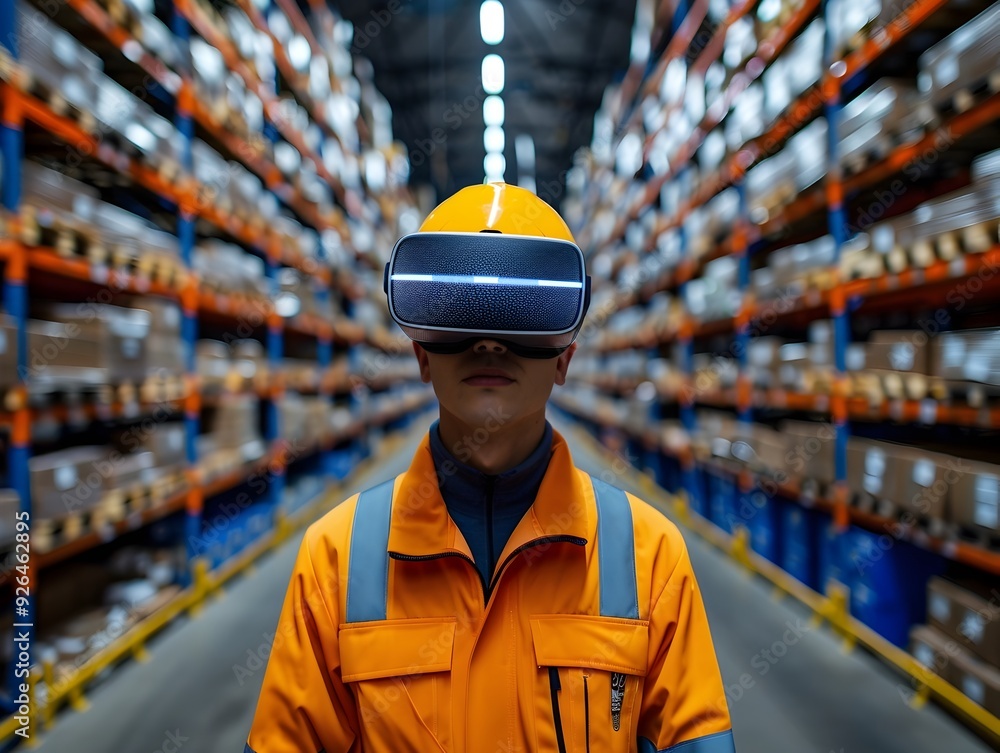 Poster warehouse worker utilizing augmented reality technology for streamlined logistics and inventory mana