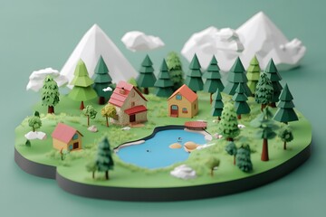 Low Poly 3D Rendered Model of a Small Town