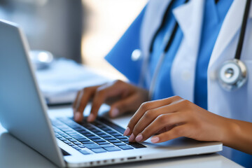 Medical professional typing on laptop, updating patient records or billing, copy space
