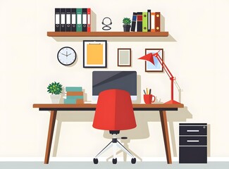 Modern Home Office Desk With Computer, Red Chair, and Desk Lamp