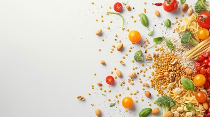 An artistic blast of wholesome foods like whole grains, fresh vegetables, and lean proteins demonstrates the joy of healthy eating, with copy space