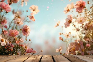 An enchanting flower garden with petals that shimmer and change shape frames an empty wooden table