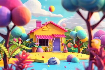 Colorful Cartoon House Illustration with Sky and Clouds