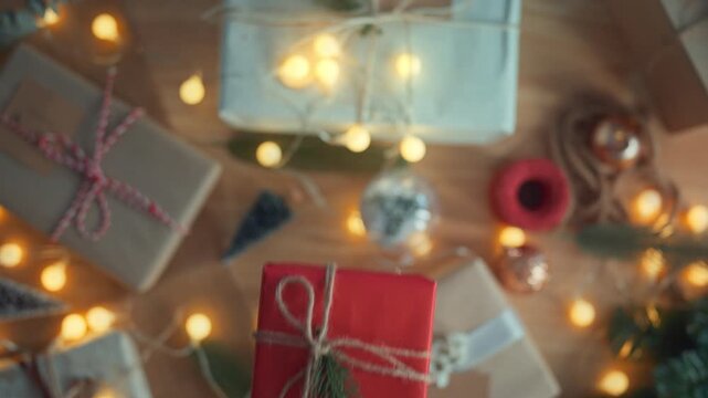 Top view - hands of woman getting surprise handmade red Christmas gift from her girlfriend on Christmas decoration background, Gives a gift, Merry Christmas and Happy Holidays!