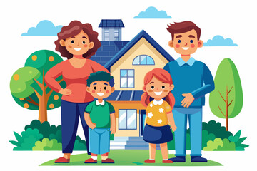 Happy family is looking at their new home. Vector illustration
