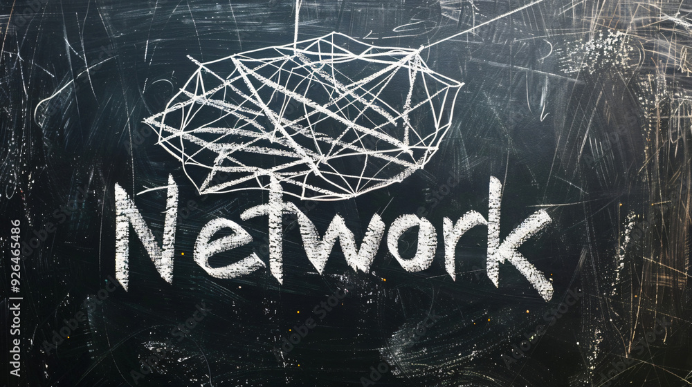 Poster Conceptual image of a network drawn on a dusty blackboard with the word network written underneath