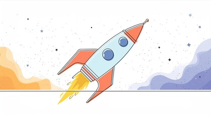 Fototapeta premium One continuous line drawing of simple retro spacecraft flying up to the outer space nebula.