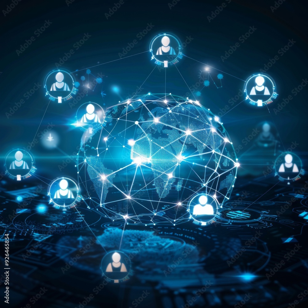 Aufkleber A digital depiction of global networking structures showcasing connectivity and data interaction across continents in an advanced technological setting