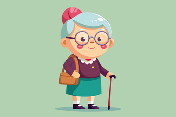 Grandmother wearing glasses. An elderly woman with a bag and a cane in her hands. Vector illustration
