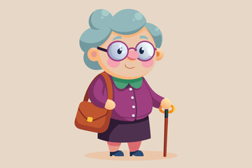 Grandmother wearing glasses. An elderly woman with a bag and a cane in her hands. Vector illustration
