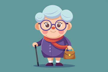 Grandmother wearing glasses. An elderly woman with a bag and a cane in her hands. Vector illustration
