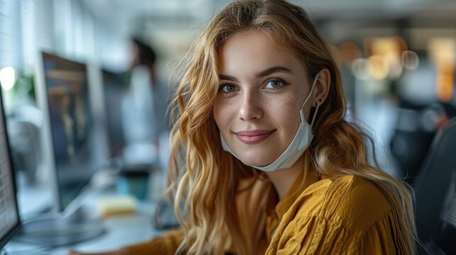 Young woman working at a computer in a bright office space, wearing a mask while smiling and engaging in her tasks