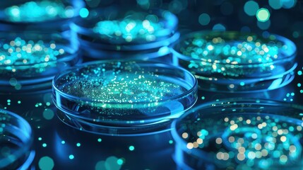 Ethereal petri dishes hold colonies of bioluminescent bacteria that exhibit supernatural behaviors, pushing the boundaries of microbiology, high tech, with copy space