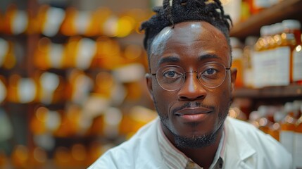 Fototapeta premium A man in a lab coat smiles in a well-organized herbal medicine shop filled with jars of natural remedies during daytime