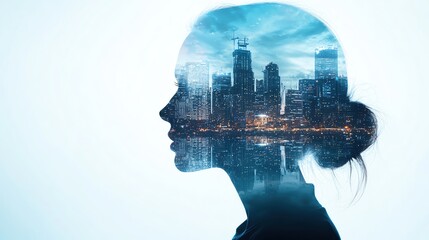 A creative double exposure portrait featuring a woman's silhouette blended with an urban skyline.