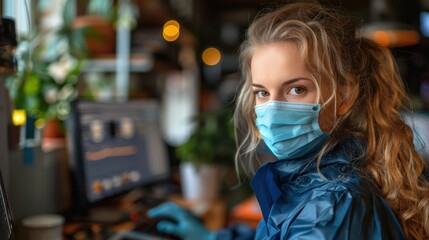Young woman in a blue jacket and mask working on a computer in a cozy, plant-filled indoor setting during the pandemic