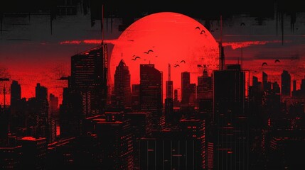 Sunset in a sinful city. Red and black illustration.