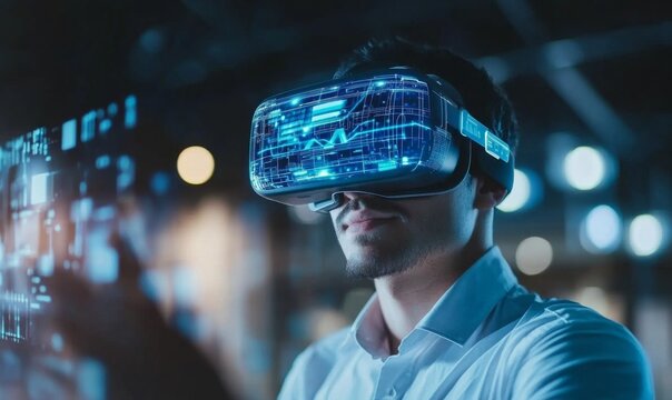 Innovative AI-Powered Corporate Culture: Man in VR Headset Explores Remote Recruitment Using Machine Learning. Interactive Technology in Business Office with Blue Hologram Showcasing Smart Education. 