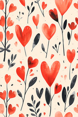 Seamless pattern of heart-shaped flowers in a playful style.
