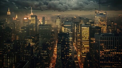 City skyscrapers in the darkness. AI generative.