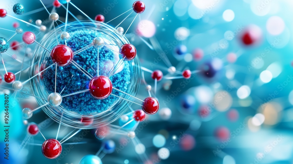 Poster atom on a black background with a vector network design, illustrating concepts of chemistry, technol
