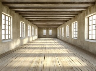 Empty Room With Wooden Beams and Windows