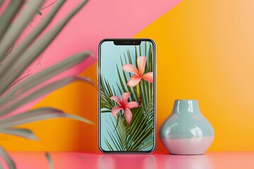 Obraz premium Tropical Phone Wallpaper With Flowers and Green Palm Leaves