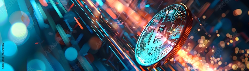 Aufkleber abstract digital rendering of a spinning coin with rising finance symbols