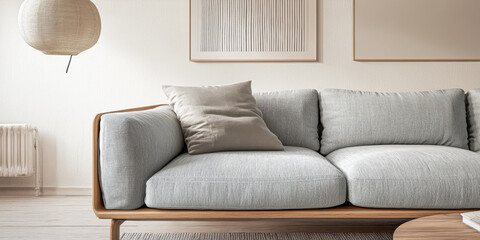 Minimalist living room interiors with a sofa, a couch and a large window bathing the room with day light.