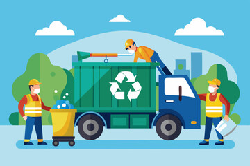 Garbage truck and dustmen. Scavengers workers clean the trash can
