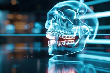 In a hightech realm, a hologram dentist uses supernatural methods to heal tooth pain instantly, making dental visits a painfree experience, high tech, with copy space