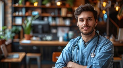 Fototapeta premium Young male doctor in a blue coat with stethoscope poses confidently in a modern medical office with plants and warm lighting