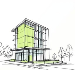 Modern architectural sketch of a green building , symbolizing sustainable design and eco-friendly construction.