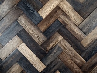 Contrast of Dark Grey and Light Brown in Intricate Herringbone Wood Flooring Pattern